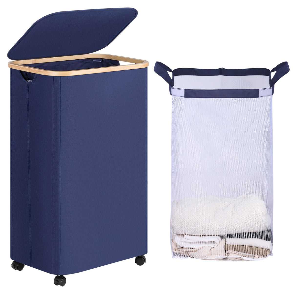 efluky 100L Laundry Basket with Wheels and Lid, Rolling Laundry Hamper with Bamboo Handles and Removable Bag, Dirty Clothes Hamper on Wheels for Laundry Room Organizer, Dorm