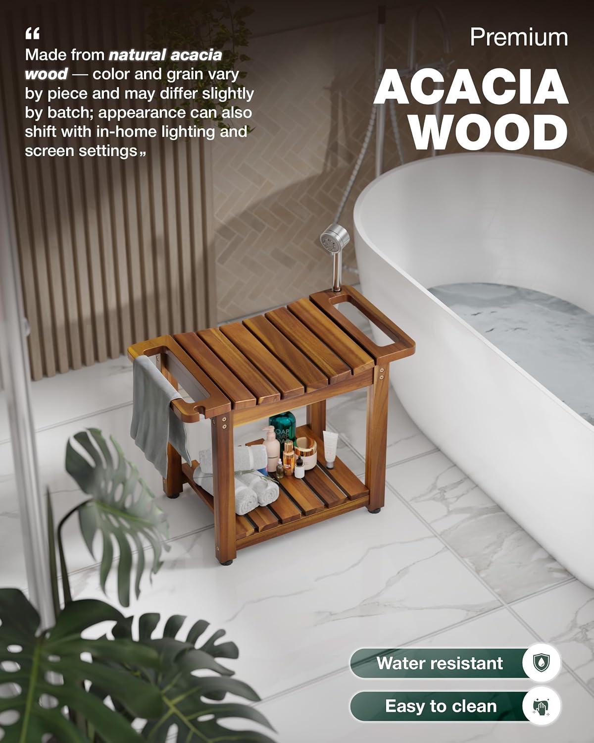 BLUEWEST 23.4 Inch Shower Bench with Storage Shelf, Natural Wood and Handle