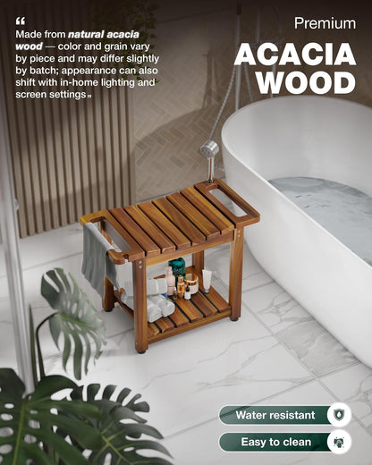 BLUEWEST 23.4 Inch Shower Bench with Storage Shelf, Natural Wood and Handle
