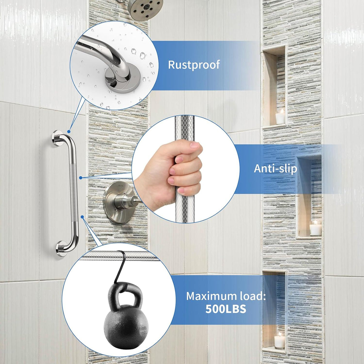 ZUEXT 16 Inch Chrome Safety Grab Bar for Bathroom Shower, Stainless Steel