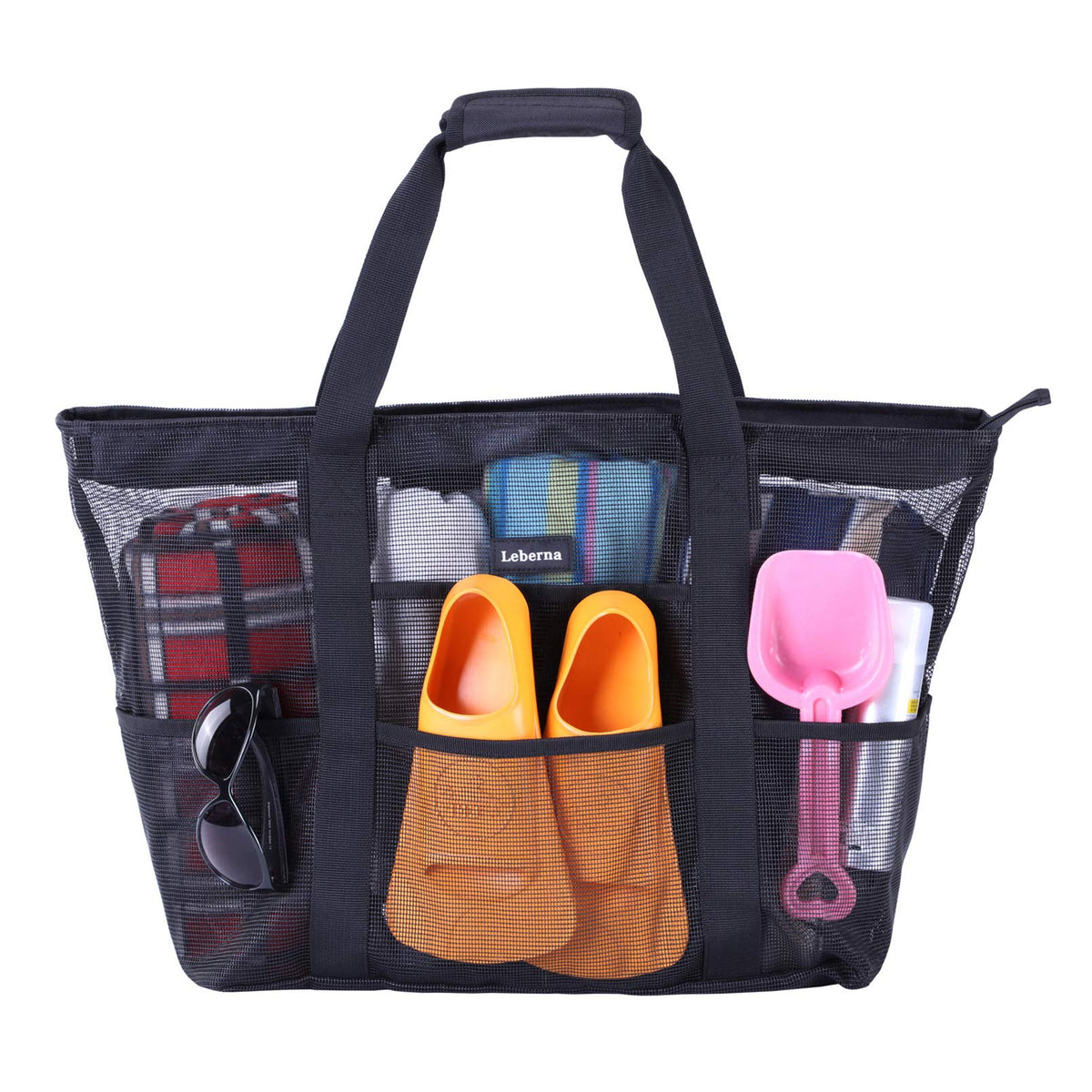 Leberna Large Beach Bag with Zipper Lightweight Beach Toy Bag Mesh Bag for Swimming Pool Sand Toys