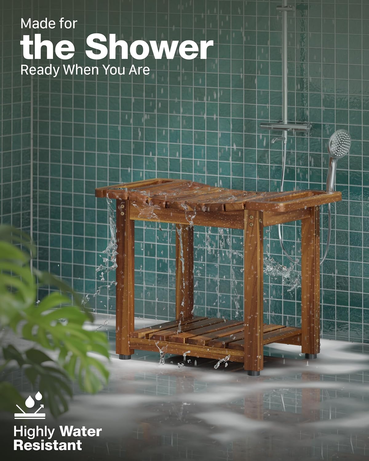 BLUEWEST 23.4 Inch Shower Bench with Storage Shelf, Natural Wood and Handle
