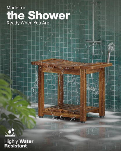 BLUEWEST 23.4 Inch Shower Bench with Storage Shelf, Natural Wood and Handle