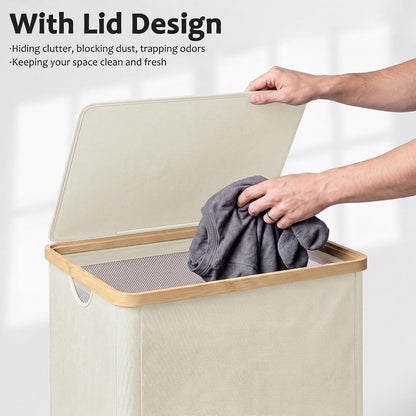 efluky 100L Laundry Basket with Wheels and Lid, Rolling Laundry Hamper with Bamboo Handles and Removable Bag, Dirty Clothes Hamper on Wheels for Laundry Room Organizer, Dorm
