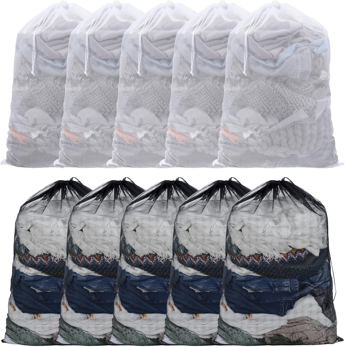 10 Pack Mesh Laundry Bags, 35.4" x 23.6" Heavy-Duty Laundry Bags Large Drawstring Mesh Bag for College Dorm Travel Sports Family Apartment (White, Black)