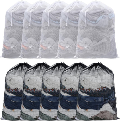 10 Pack Mesh Laundry Bags, 35.4" x 23.6" Heavy-Duty Laundry Bags Large Drawstring Mesh Bag for College Dorm Travel Sports Family Apartment (White, Black)