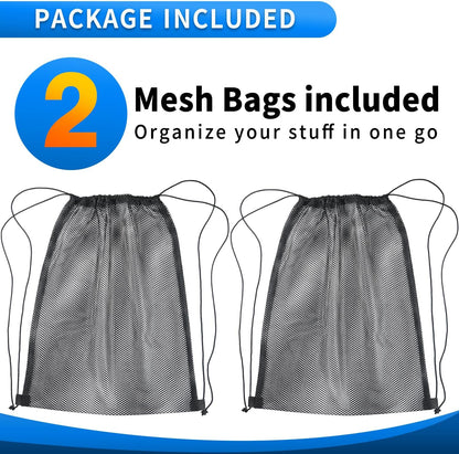 2 Pcs Mesh Drawstring Bag 16 x 20 Inch Heavy Duty Nylon Net Bags, Durable Mesh Backpack for Gym Hiking Swimming Soccer Ball Basketball Beach Toys Laundry Mushroom Foraging Etc (Black)