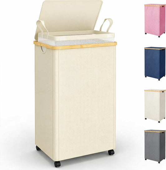 efluky 100L Laundry Basket with Wheels and Lid, Rolling Laundry Hamper with Bamboo Handles and Removable Bag, Dirty Clothes Hamper on Wheels for Laundry Room Organizer, Dorm