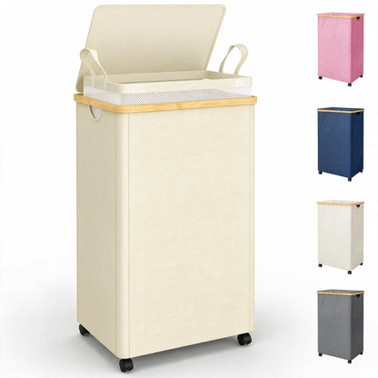 efluky 100L Laundry Basket with Wheels and Lid, Rolling Laundry Hamper with Bamboo Handles and Removable Bag, Dirty Clothes Hamper on Wheels for Laundry Room Organizer, Dorm