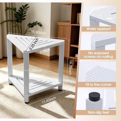 Corner Shower Stool with Storage Shelf, HDPS Waterproof Shower Foot Rest for Shaving Legs, 2-Tier Triangle Bathroom Stool for Inside Shower, Non-Slip Small Shower Bench, White