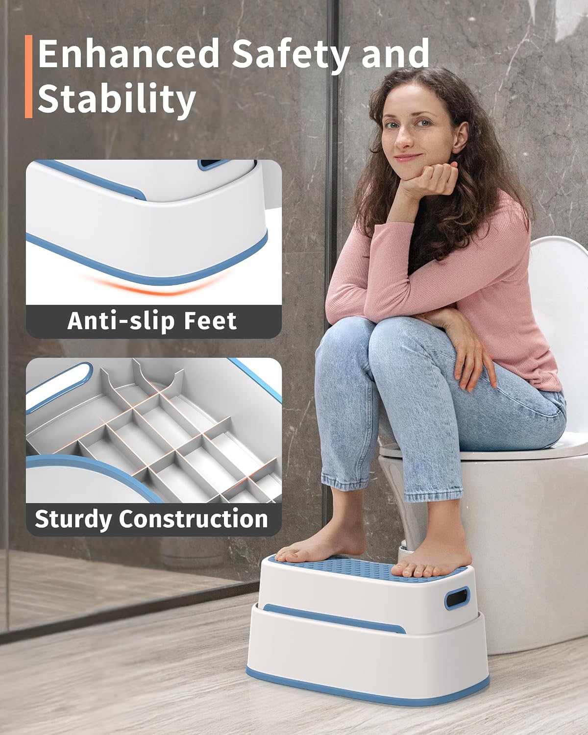 MR.SIGA Toilet Stool Squat Adult Bathroom Foot Stool, White & Grayish Blue