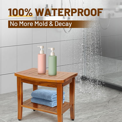 20" Premium Teak Shower Bench with Shelf & Handle, Solid Teak Shower Stool, Durable Wooden Waterproof Seat for Inside Shower, Teak Wood Bench for Bathroom, Indoor & Outdoor Use
