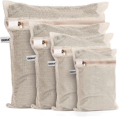 100% Cotton Mesh Laundry Bags, Premium Soft, No Dye, Set of 4, Natural