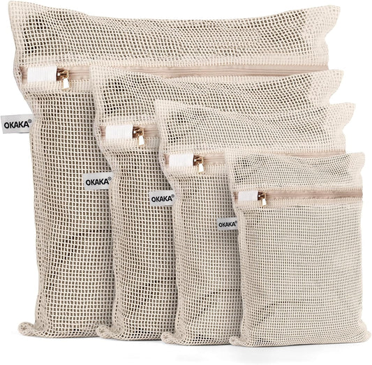 100% Cotton Mesh Laundry Bags, Premium Soft, No Dye, Set of 4, Natural