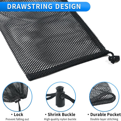 10 Pcs Mesh Drawstring Bag 9" x 12" with Cord Lock Closure, Nylon Durable Heavy Duty Mesh Bag for Laundry Beach Toys Swimming Gym Travel Mushroom Foraging (Black)