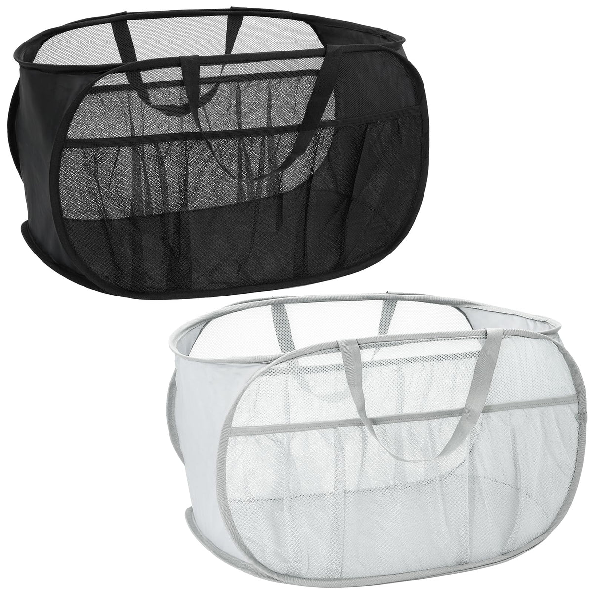 2 Pack Collapsible Laundry Baskets, Upgrade Pop Up Laundry Hamper with Convenient Bags, Foldable Laundry Basket Mesh Light Weight, Easy to Carry Clothes Hampers for Laundry, Dorm, Toys, Travel White