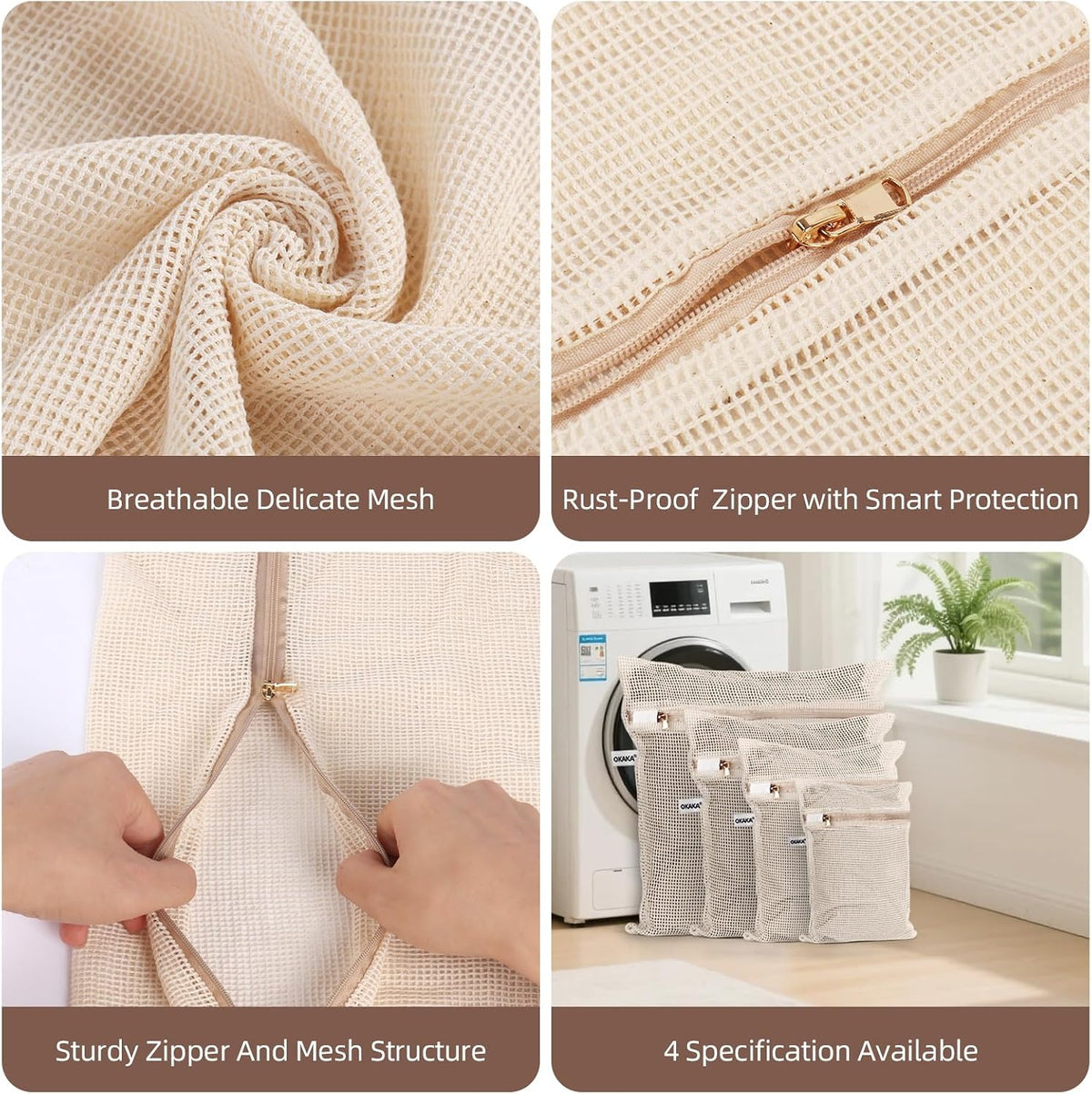 100% Cotton Mesh Laundry Bags, Premium Soft, No Dye, Set of 4, Natural
