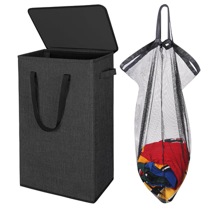 Odonata 75L Slim Laundry Hamper with Lid,Large Foldable Laundry Basket with Removable Bag and Handles Tall Collapsible Dirty Clothes Basket Great for Bedroom, Bathroom, Dorm, College,RV.(Black, 75L)