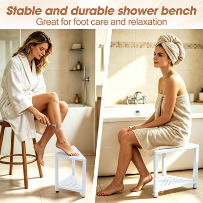 Corner Shower Stool with Storage Shelf, HDPS Waterproof Shower Foot Rest for Shaving Legs, 2-Tier Triangle Bathroom Stool for Inside Shower, Non-Slip Small Shower Bench, White