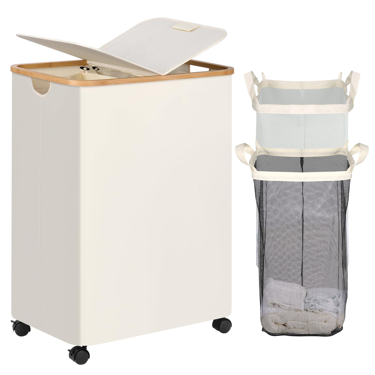 efluky 100L Laundry Basket with Wheels and Lid, Rolling Laundry Hamper with Bamboo Handles and Removable Bag, Dirty Clothes Hamper on Wheels for Laundry Room Organizer, Dorm