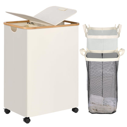 efluky 100L Laundry Basket with Wheels and Lid, Rolling Laundry Hamper with Bamboo Handles and Removable Bag, Dirty Clothes Hamper on Wheels for Laundry Room Organizer, Dorm