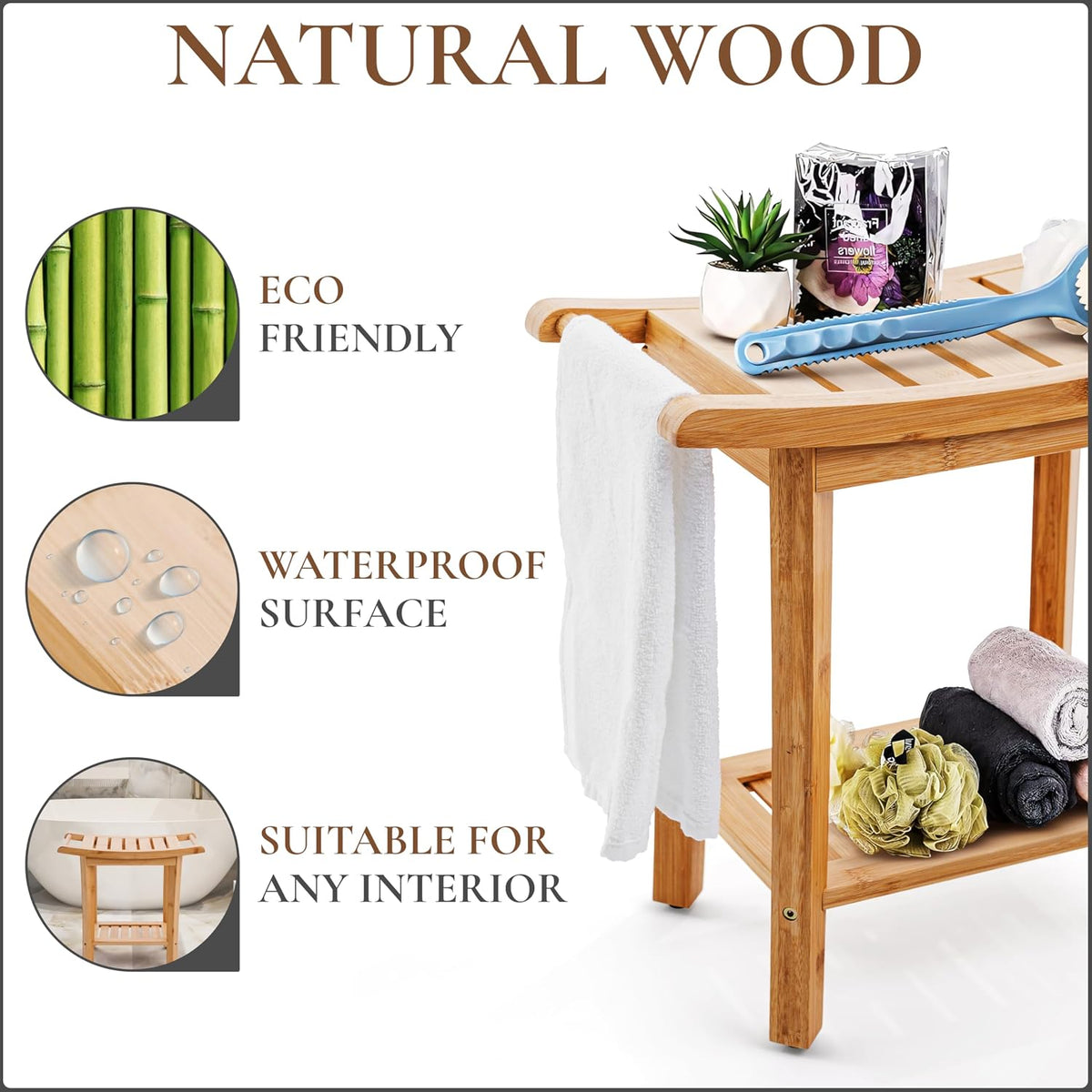 Teak shower bench with Storage Shelf, Shower Stool for Inside Shower, Waterproof Shower Bench Seat, Shower Chair for Inside Shower, Wood Bench, Bathroom Bench (Natural Wood) (Bamboo Wood)