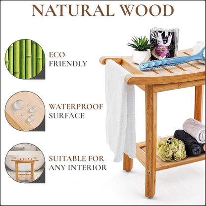 Teak shower bench with Storage Shelf, Shower Stool for Inside Shower, Waterproof Shower Bench Seat, Shower Chair for Inside Shower, Wood Bench, Bathroom Bench (Natural Wood) (Bamboo Wood)