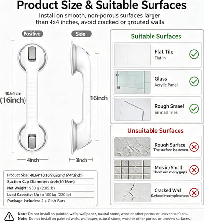 Shower Grab Bars for Seniors, Shower Handles for Elderly Suction Cup,2 Pack 16.05 Inch,Handicap Grab Bars for Bathtubs and Showers Wall, Bathroom Safety for Showers Walls Heavy Duty, No Drillin,Grey