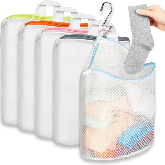5Pcs Hanging Laundry Bags for Socks with S Hooks,12 X 10 inch 5 Color Mesh Laundry Bags for Washing Machine