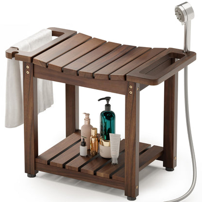 BLUEWEST 23.4 Inch Shower Bench with Storage Shelf, Natural Wood and Handle