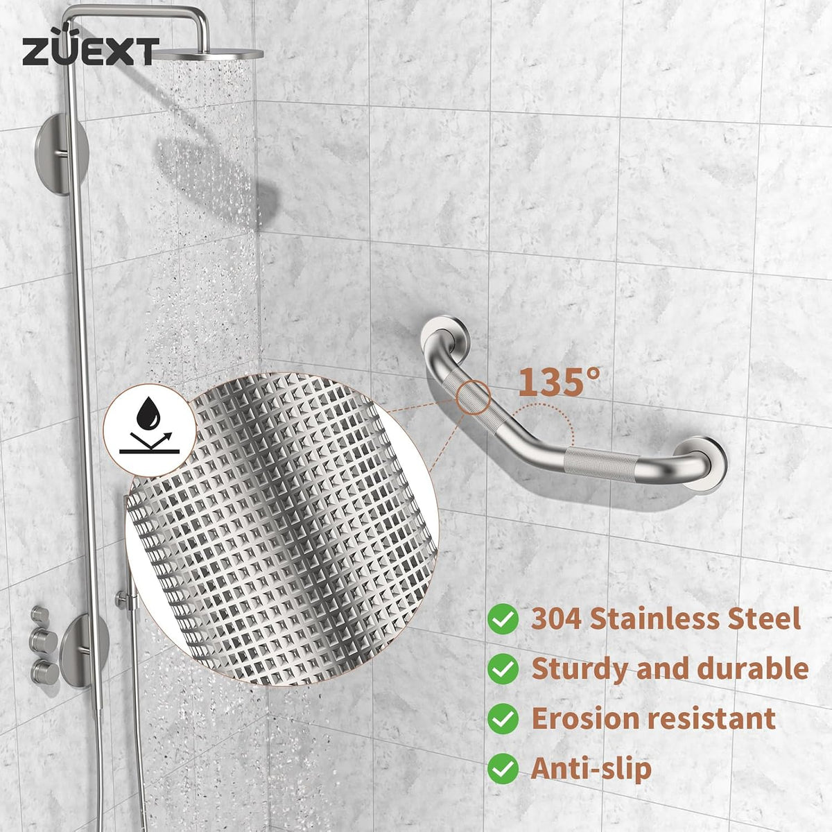 ZUEXT 2 Pack 16 Inch Angled Brushed Nickel Non Slip Knurled Shower Grab Bar