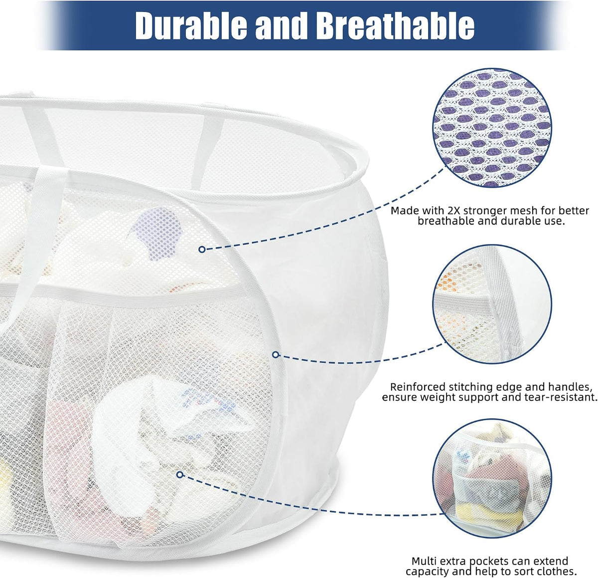2 Pack Collapsible Laundry Baskets, Upgrade Pop Up Laundry Hamper with Convenient Bags, Foldable Laundry Basket Mesh Light Weight, Easy to Carry Clothes Hampers for Laundry, Dorm, Toys, Travel White