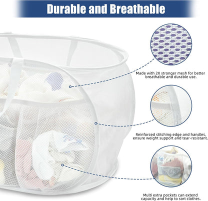 2 Pack Collapsible Laundry Baskets, Upgrade Pop Up Laundry Hamper with Convenient Bags, Foldable Laundry Basket Mesh Light Weight, Easy to Carry Clothes Hampers for Laundry, Dorm, Toys, Travel White