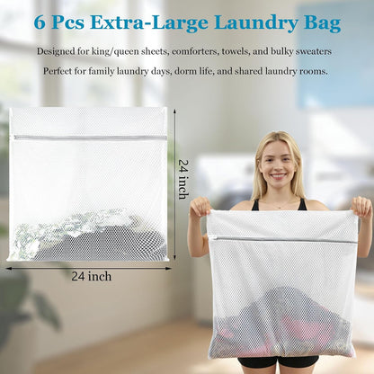 6 Pack XX-Large Mesh Laundry Bags for Delicates, 24 x 24 Inches