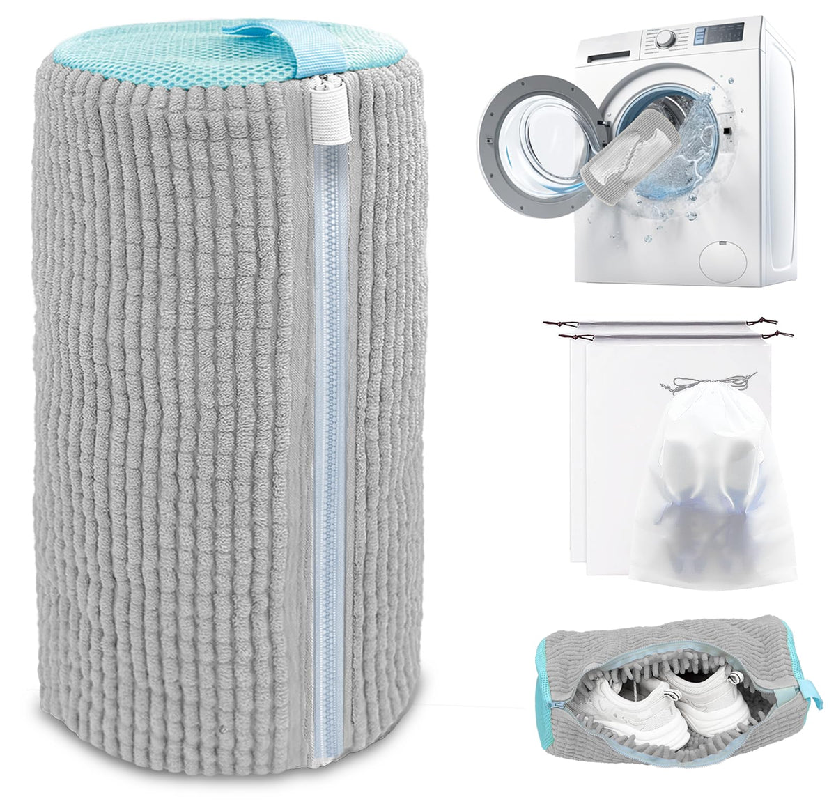 Shoe Washing Machine Bag,Laundry Shoe Bag for Washer and Dryer,Reusable Shoe Cleaning Bag for Sneakers,Tennis Shoes,With Self-locking Zipper, Microfiber Inside (2, Light =Grey)