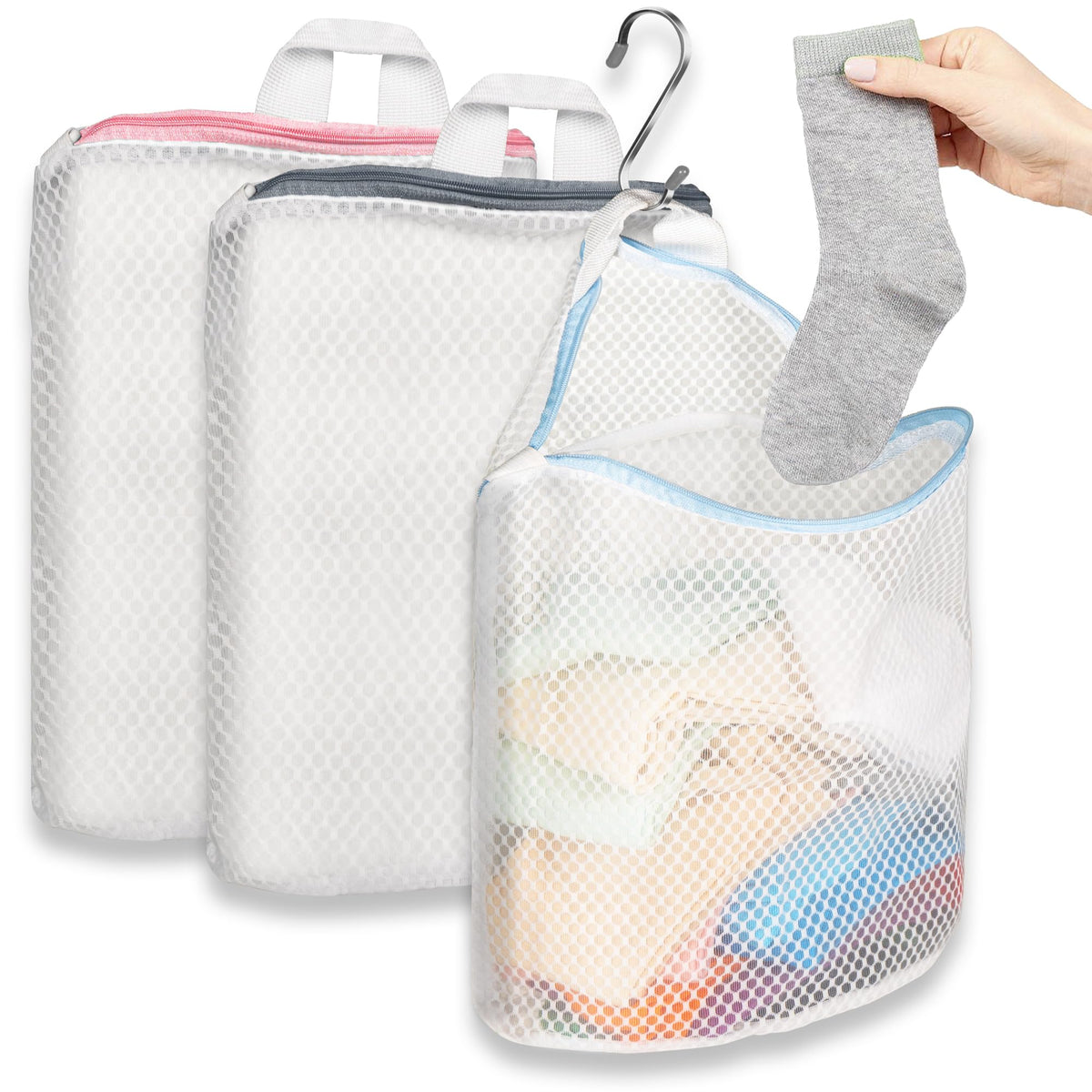 5Pcs Hanging Laundry Bags for Socks with S Hooks,12 X 10 inch 5 Color Mesh Laundry Bags for Washing Machine