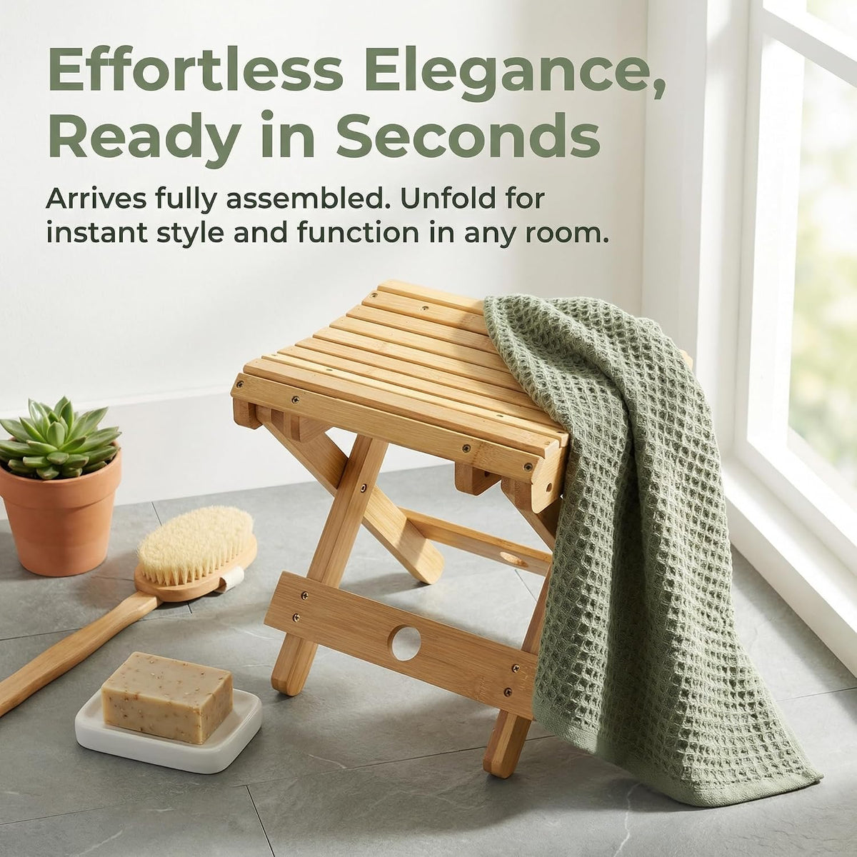 Lawei Bamboo Folding Step Stool - 12 Inch Height Bamboo Shower Bench Stool Spa Bath Seat Chairs for Shower, Leg Shaving and Foot Rest, Portable Small Stool Little Chair