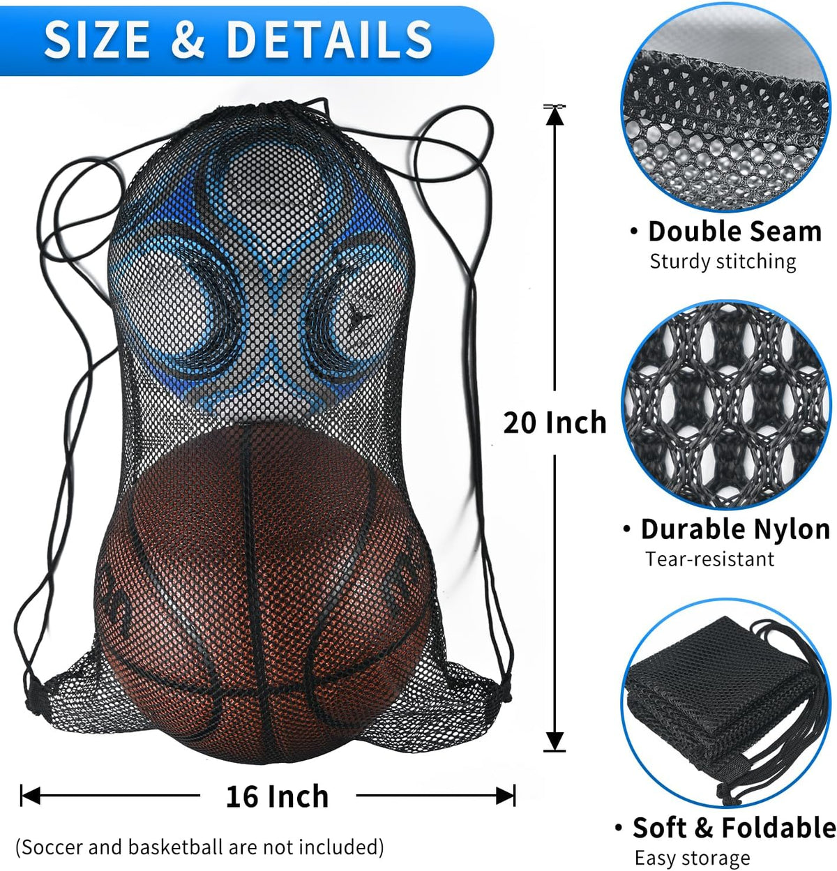 2 Pcs Mesh Drawstring Bag 16 x 20 Inch Heavy Duty Nylon Net Bags, Durable Mesh Backpack for Gym Hiking Swimming Soccer Ball Basketball Beach Toys Laundry Mushroom Foraging Etc (Black)