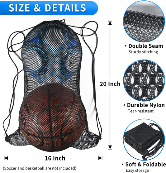 2 Pcs Mesh Drawstring Bag 16 x 20 Inch Heavy Duty Nylon Net Bags, Durable Mesh Backpack for Gym Hiking Swimming Soccer Ball Basketball Beach Toys Laundry Mushroom Foraging Etc (Black)