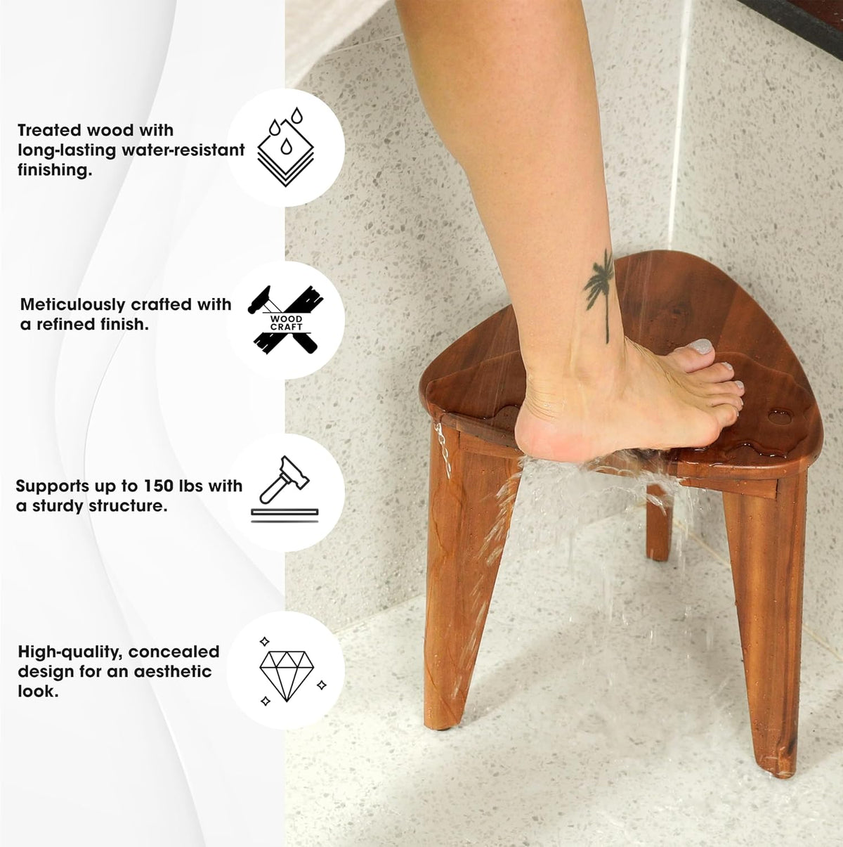 HOLANA 12" Wooden Corner Shower Foot Rest for Bathroom, Compact, Durable