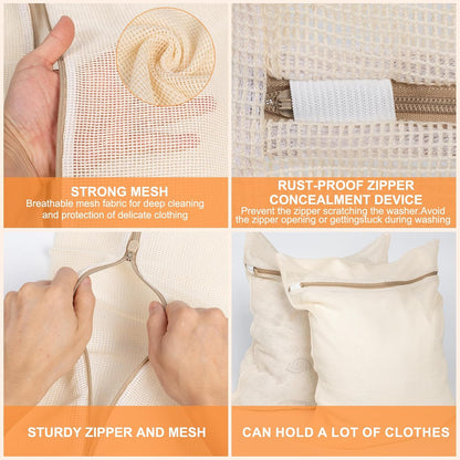 4-Piece Large Durable Organic Cotton Mesh Laundry Bags with Sturdy Zippers and Breathable Mesh are Delicate Laundry Bags for Underwear, Clothes, Pants and Socks