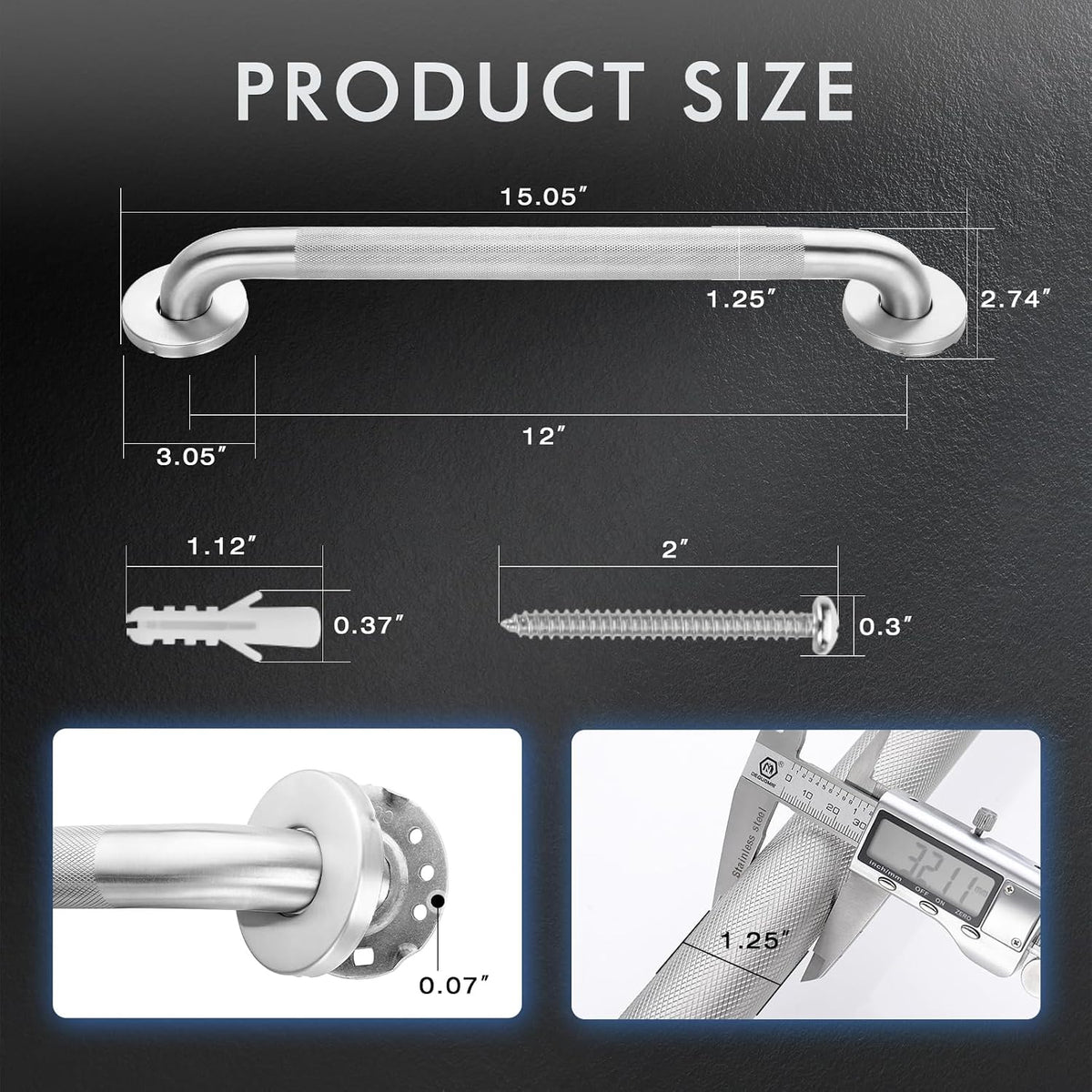 Grab Bars for Shower Safety Anti Slip Handrail for Seniors 12 Inch