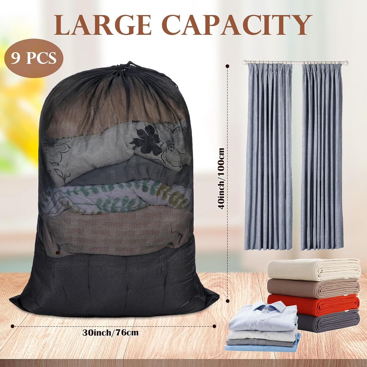 Windyun 9 Pcs Mesh Laundry Bags Drawstring Lockable Travel Storage, Black
