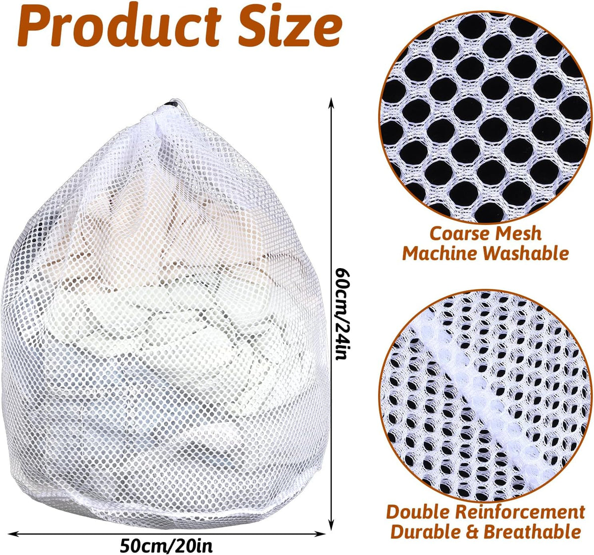 20 Pcs Mesh Laundry Bags Bulk with Drawstring 20 x 24'' White Heavy Duty Mesh Bag Machine Washable Sturdy Large Net Laundry Wash Bag for Dormitory College Apartment Travelling Camping