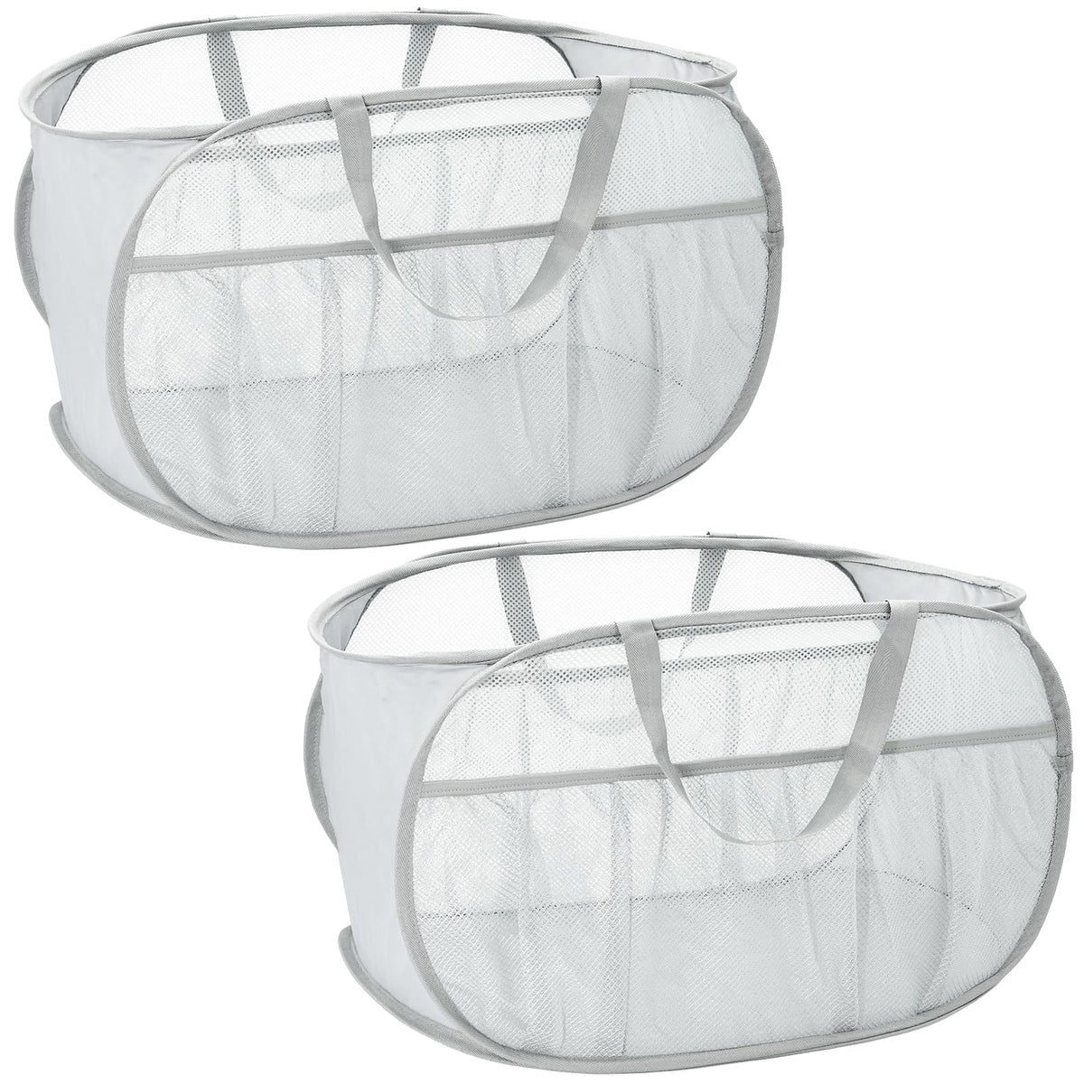 2 Pack Collapsible Laundry Baskets, Upgrade Pop Up Laundry Hamper with Convenient Bags, Foldable Laundry Basket Mesh Light Weight, Easy to Carry Clothes Hampers for Laundry, Dorm, Toys, Travel White