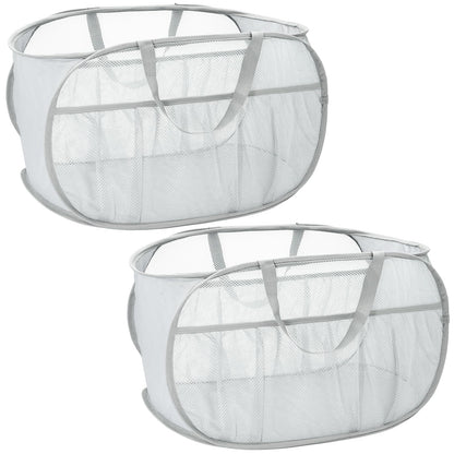 2 Pack Collapsible Laundry Baskets, Upgrade Pop Up Laundry Hamper with Convenient Bags, Foldable Laundry Basket Mesh Light Weight, Easy to Carry Clothes Hampers for Laundry, Dorm, Toys, Travel White