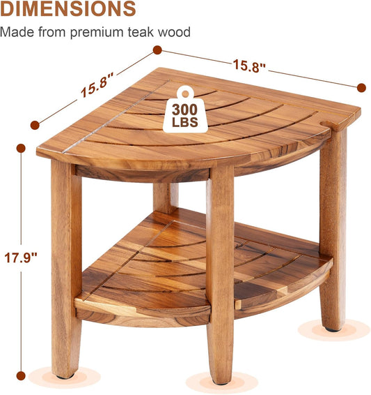 18" Teak Corner Shower Stool, 2-Tier Teak Shower Bench with Storage Shelf, Adjustable Non-Slip Feet, Natural