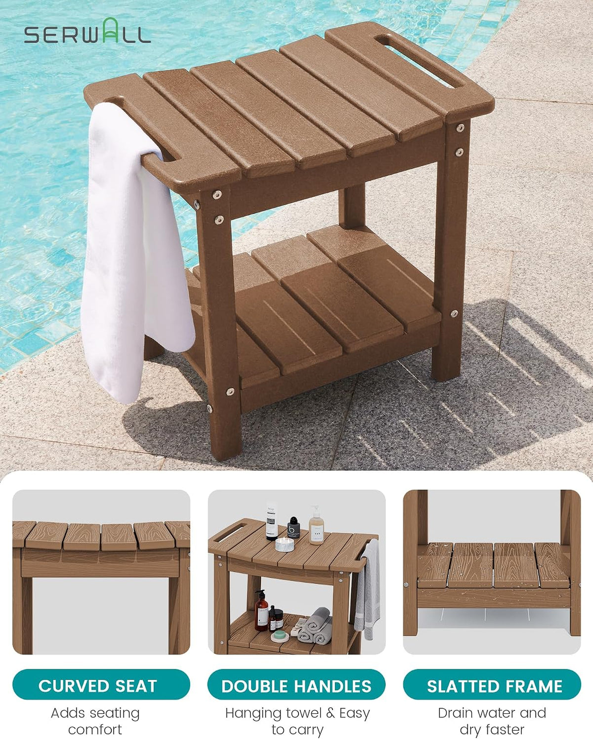 SERWALL Shower Bench, 18" Shower Stool for Inside Shower, HDPE Waterproof Shower Seats for Adults with Storage Shelf & Handles, 360 lbs Capacity- Brown
