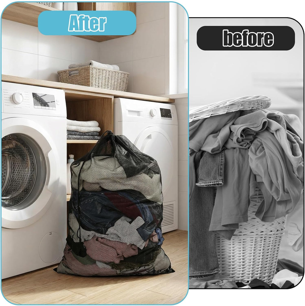 10 Pack Mesh Laundry Bags, 35.4" x 23.6" Heavy-Duty Laundry Bags Large Drawstring Mesh Bag for College Dorm Travel Sports Family Apartment (White, Black)