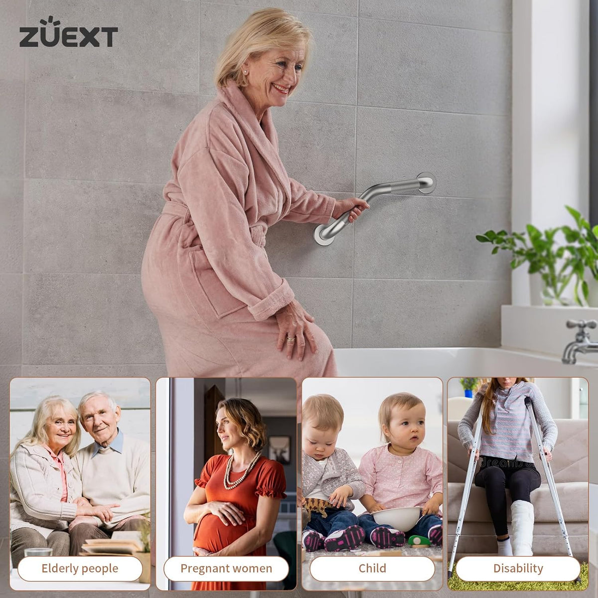 ZUEXT 2 Pack 16 Inch Angled Brushed Nickel Non Slip Knurled Shower Grab Bar